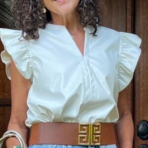 JODIFL WHITE CREAM FLUTTER SLEEVE FAUX LEATHER TOP